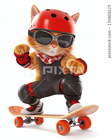 一隻戴著紅色頭盔和太陽眼鏡的滑板貓 一隻戴著紅色頭盔和太陽眼鏡的滑板貓 130908225