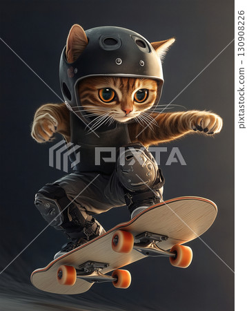 一隻戴著黑色頭盔和護膝的酷貓在滑板上跳躍 130908226