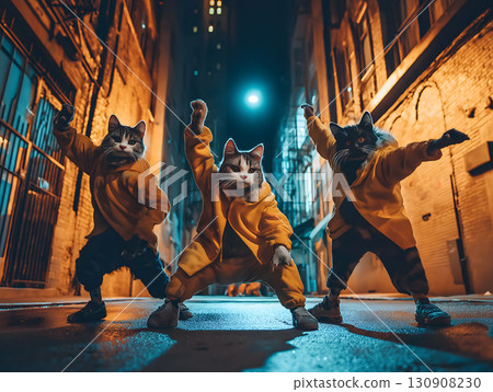 Three cats dancing in a backstreet at night 130908230