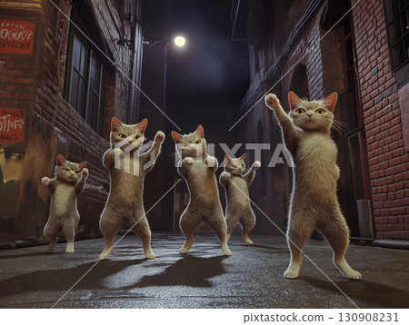 Five cats dancing in a dark alley 130908231