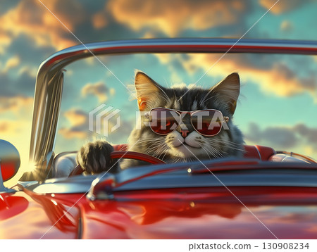 一隻戴著太陽眼鏡的貓開著經典敞篷車 130908234