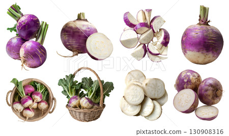 Turnip turnips root vegetable, many angles and view side top front basket pile slice isolated on transparent background cutout, PNG file. Mockup template for artwork graphic 130908316
