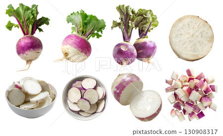 Turnip turnips root vegetable, many angles and view side top front basket pile slice isolated on transparent background cutout, PNG file. Mockup template for artwork 130908317
