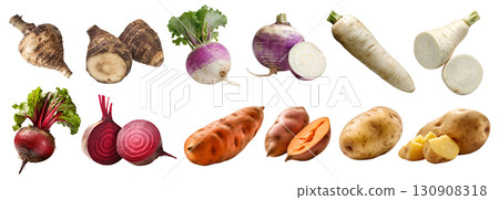 Collection of 6 set of vegetable root, Taro eddo dasheen, Turnip, Daikon white chinese radish, Beet beetroot, sweet potato on transparent background cutout PNG file. Mockup template for artwork 130908318