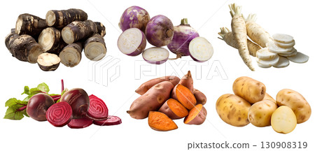 Collection of 6 vegetable root in pile group slice, Taro dasheen, Turnip, Daikon white radish, Beet beetroot, sweet potato on transparent background cutout PNG. Mockup template for artwork 130908319