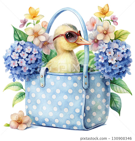 Watercolor illustration of a blue polka dot gift bag filled with pastel blue flowers 130908346