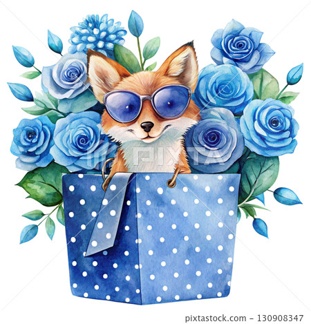 Watercolor illustration of a blue polka dot gift bag filled with pastel blue flowers 130908347