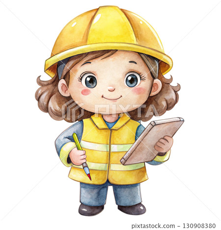 Watercolor illustration of a cute female engineer clipart  130908380