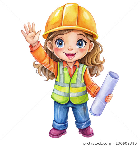 Watercolor illustration of a cute female engineer clipart  130908389