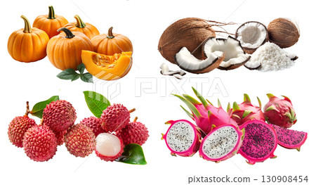 Collection of 4 vegetable fruit exotic seasonal in pile group set, Pumpkin, coconut, Lychee litchi lichee, Dragon fruit pitaya pitahaya on transparent cutout PNG. Mockup template Collection of 4 vegetable fruit exotic seasonal in pile group set, Pumpkin, coconut, Lychee litchi lichee, Dragon fruit pitaya pitahaya on transparent cutout PNG. Mockup template 130908454