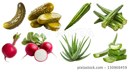 Collection of 4 vegetable fruit, Okra gumbo, ladyfinger bhindi, Pickles gherkin Preserved Marinated cucumbers, Red radish radishes, Aloe vera on transparent PNG. Mockup template for artwork 130908459