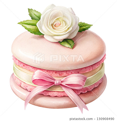 Watercolor illustration of a pastel purple macaron with ribbon bow white background 130908490