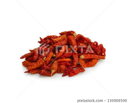 Dried red Karen chili is traditional Asia chili (Prik Ka Reang) on white background Dried red Karen chili is traditional Asia chili (Prik Ka Reang) on white background 130908500