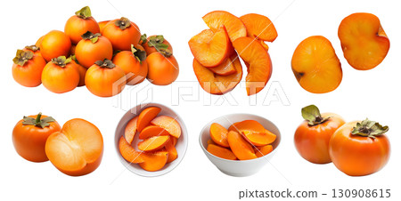 Persimmon Persimmons tropical fruit, many angles and view side top front heap pile bunch bowl slice isolated on transparent background cutout, PNG file. Mockup template for artwork 130908615