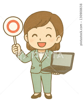 A smiling female engineer in a pantsuit holding a red circle sign and a laptop 130908638