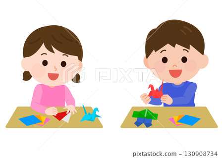 微笑的男孩和女孩折疊摺紙插圖 130908734