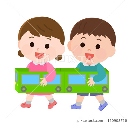 Boy and girl playing cardboard train illustration 130908736
