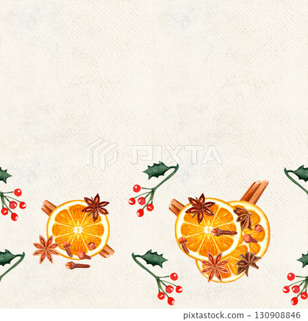 Orange slices with cinnamon sticks, anise stars, cloves, holly leaves, red berries watercolor border on textured paper. Perfect for festive invitations, seasonal menus, packaging, banners, holiday Orange slices with cinnamon sticks, anise stars, cloves, holly leaves, red berries watercolor border on textured paper. Perfect for festive invitations, seasonal menus, packaging, banners, holiday 130908846