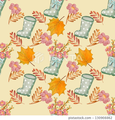 Seamless pattern of Autumn. Hand drawn watercolor illustration. For menus, labels, paper, textiles and seasonal fabric. Seamless pattern of Autumn. Hand drawn watercolor illustration. For menus, labels, paper, textiles and seasonal fabric. 130908862