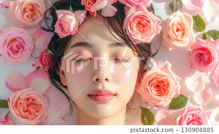 一位年輕女子在鮮花的包圍下放鬆 130908885