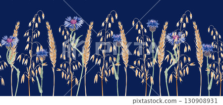 Blue cornflowers and golden wheat and oat ears. Seamless watercolor border. Rustic wildflower design, perfect for country style wedding invitations, fabric patterns, eco packaging, and summer decor 130908931
