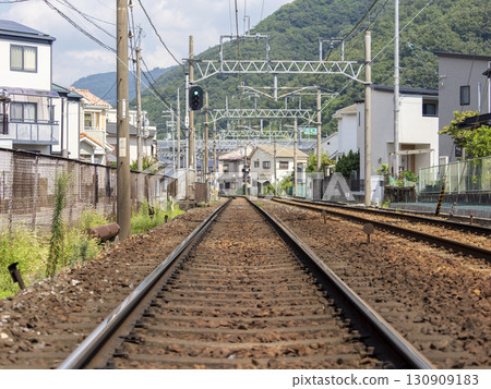 Railroad tracks passing through a residential area Railroad tracks passing through a residential area 130909183