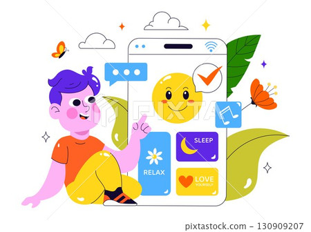 Mental Wellness Meditation Apps Vector Illustration featuring Mobile Software with Yoga Therapy for Anxiety and Relaxation in a Flat Style Background 130909207