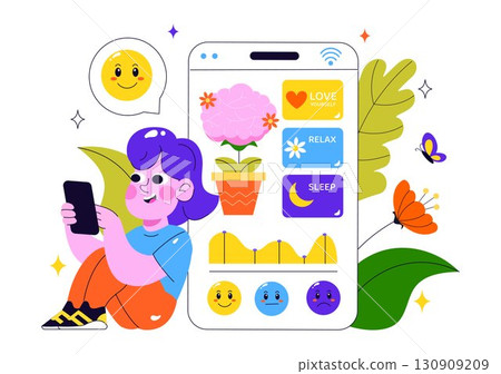 Mental Wellness Meditation Apps Vector Illustration featuring Mobile Software with Yoga Therapy for Anxiety and Relaxation in a Flat Style Background 130909209