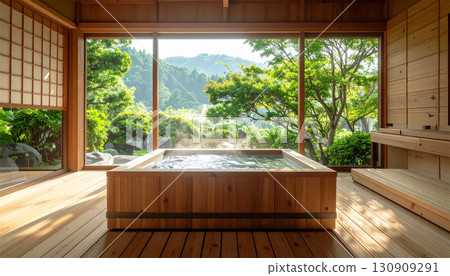 Japanese cypress bath and forest hot spring spa | A relaxing space where the morning sun shines in and the steam rises in the indoor bath of a ryokan 130909291