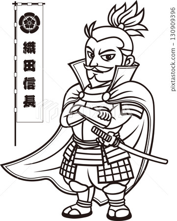 織田信長武裝站立 [3 個頭，黑白，向量] 130909396