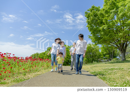 A three-generation family walking through a poppy-filled park A three-generation family walking through a poppy-filled park 130909519