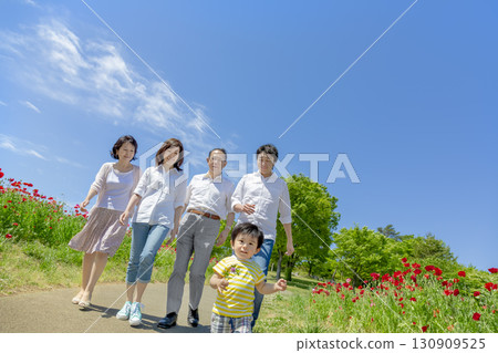 一個三代家庭走過開滿罌粟花的公園 130909525