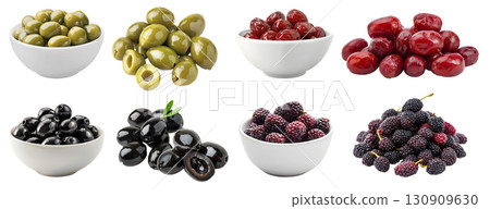 Collection of 4 vegetable fruit in pile bowl, green black olive, Jujube Xinjiang Chinese red dates, Mulberry mulberries Morus wild berry on transparent cutout PNG. Mockup template for artwork 130909630