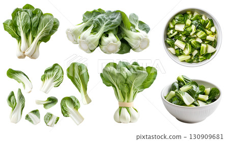 Bok choy, pak choi, pok choi, chinese cabbage, vegetable greens plant leaves, many angles view side top front bowl chop bundled isolated on transparent cutout, PNG file. Mockup template for design 130909681