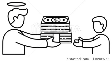 Angelic character giving stack of money in outlined illustration business concept 130909738