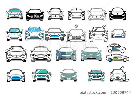 Electric Car Icon Set, Front View, Featuring Charging Symbols and Battery Indicators 130909744