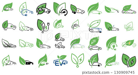 Electric car set with green leaves, clean energy transport icons, logo template 130909745