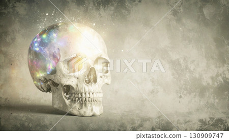Floating Crystal Skull with Internal Rainbow Light. Hallowen Concept. Generated Image 130909747
