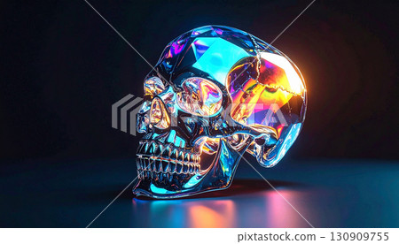 Floating Crystal Skull with Internal Rainbow Light. Hallowen Concept. Generated Image 130909755