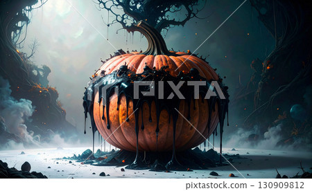 Pastel Peach Pumpkin with Matte Black Drips. Hallowen Concept. Generated Image 130909812