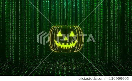 Floating Glowing Jack O Lantern in Foggy Forest. Hallowen Concept. Generated Image 130909995