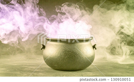 Matte Black Cauldron with Neon Purple Smoke. Hallowen Concept. Generated Image 130910051