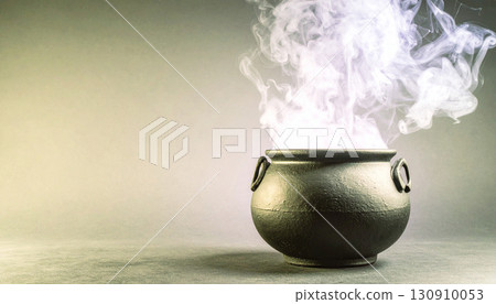 Matte Black Cauldron with Neon Purple Smoke. Hallowen Concept. Generated Image 130910053