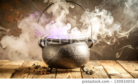 Matte Black Cauldron with Neon Purple Smoke. Hallowen Concept. Generated Image Matte Black Cauldron with Neon Purple Smoke. Hallowen Concept. Generated Image 130910058