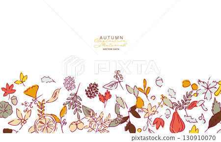 秋葉和堅果的向量插圖。秋季植物葉子插圖。秋季線條藝術背景。 130910070