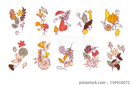 秋葉和堅果的向量插圖。秋季植物葉子插圖。秋季線條藝術背景。 秋葉和堅果的向量插圖。秋季植物葉子插圖。秋季線條藝術背景。 130910072