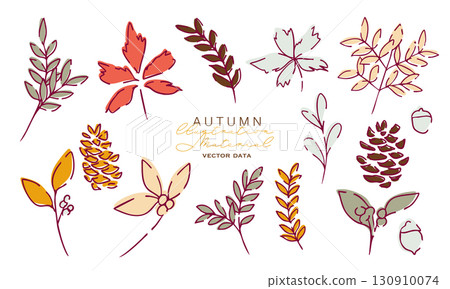 秋葉和堅果的向量插圖。秋季植物葉子插圖。秋季線條藝術背景。 秋葉和堅果的向量插圖。秋季植物葉子插圖。秋季線條藝術背景。 130910074
