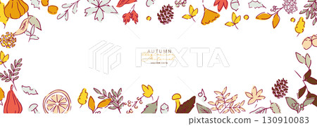Vector illustration of autumn leaves and nuts. Autumn plant illustration with leaves. Autumn line art background. 130910083