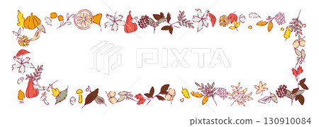 Vector illustration of autumn leaves and nuts. Autumn plant illustration with leaves. Autumn line art background. 130910084