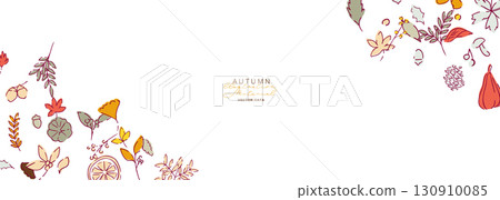秋葉和堅果的向量插圖。秋季植物葉子插圖。秋季線條藝術背景。 秋葉和堅果的向量插圖。秋季植物葉子插圖。秋季線條藝術背景。 130910085